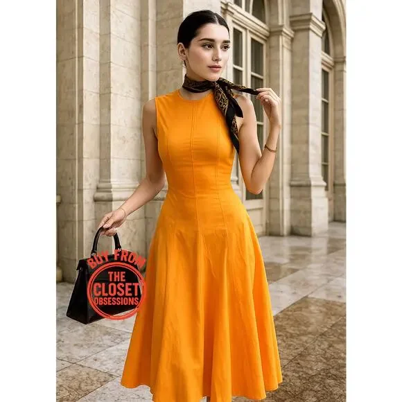 ZARA A-Line Orange Midi Dress NWT | Cotton Blend Blogger Fave - Picture 3 of 16